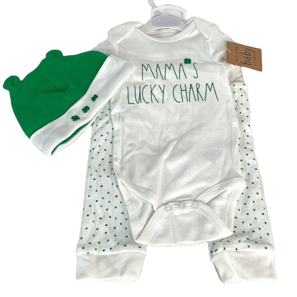 Rae Dunn Mama’s Lucky Charm Outfit, White, Green, 3-6 Months